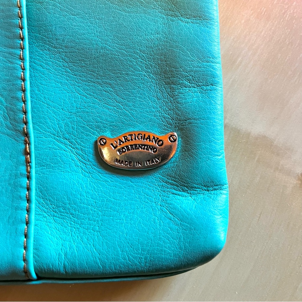 L' Artigiano Sorrentino Genuine Leather Crossbody Purse Teal & Tan NWT - Picture 4 of 8